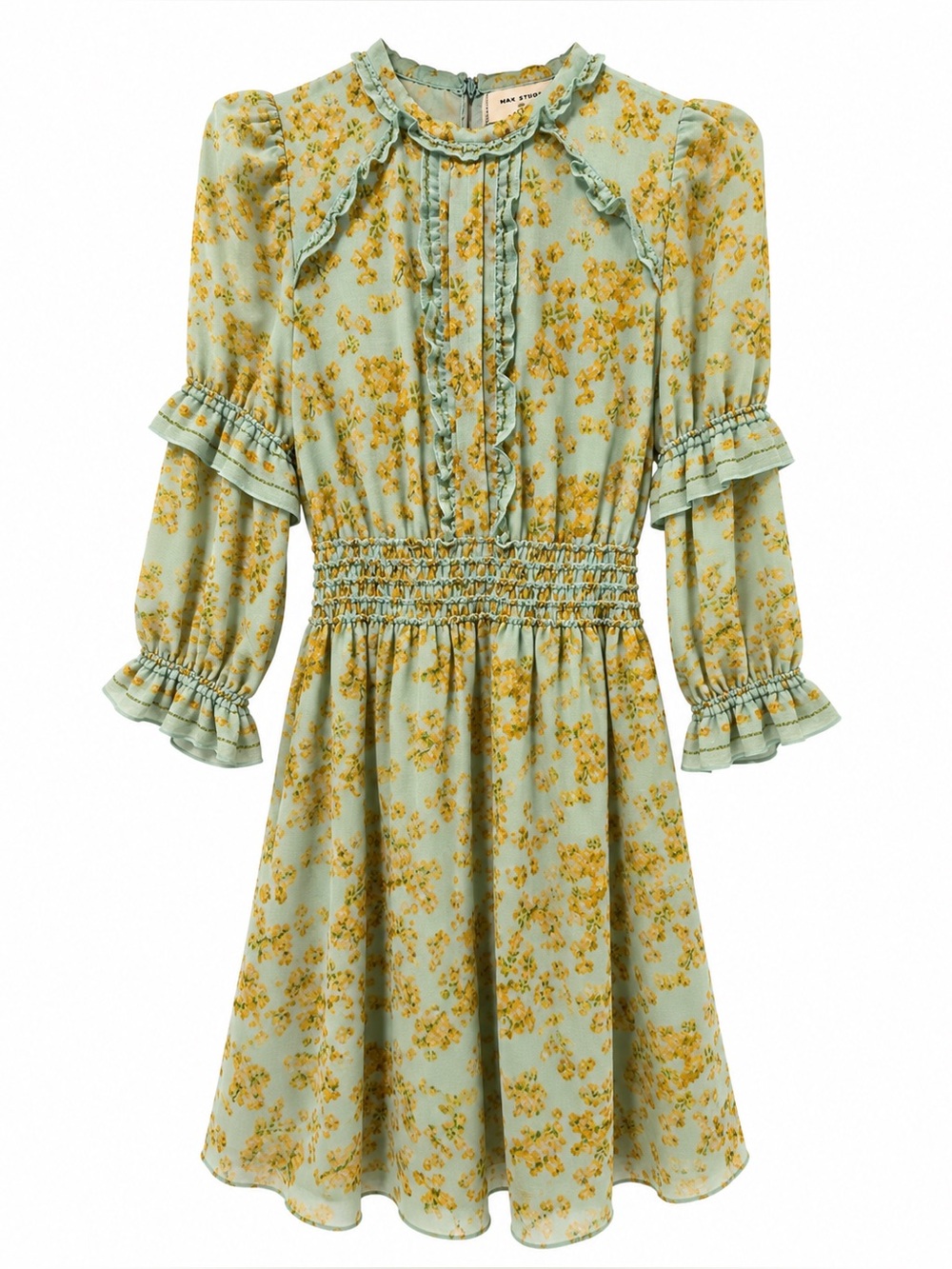 Max Studio Mint Green & Yellow Floral Ruffle Smocked Dress
